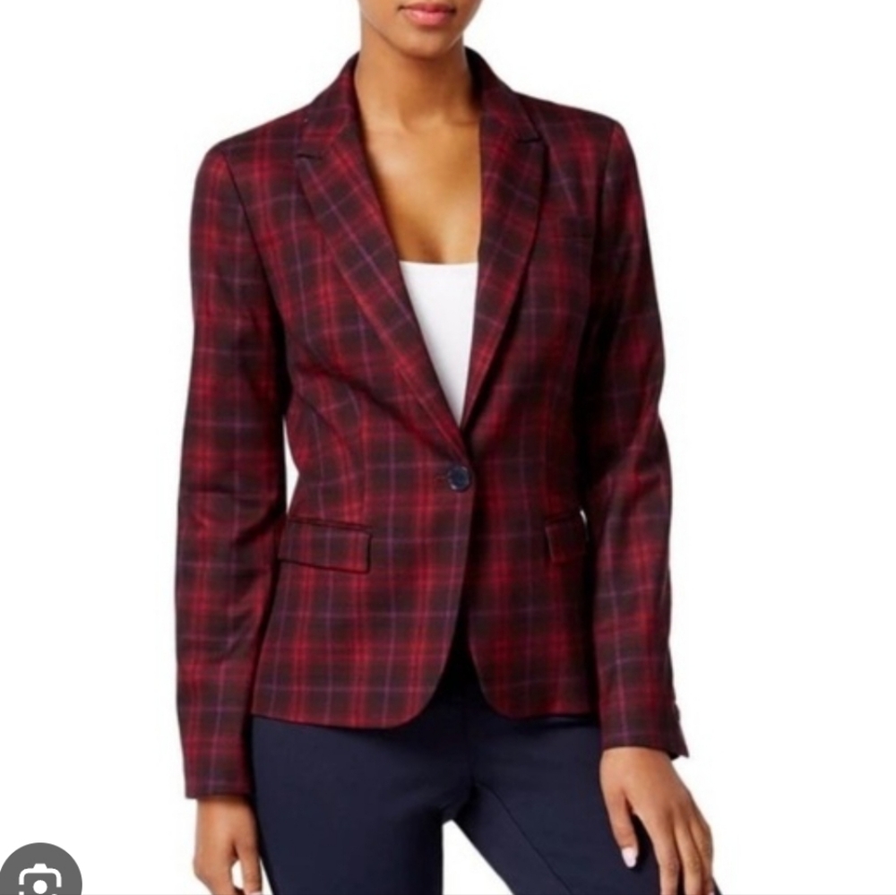 Tommy Hilfiger Plaid Blazer Women's 4 Red Blue Office Career Holiday Retro Y2K